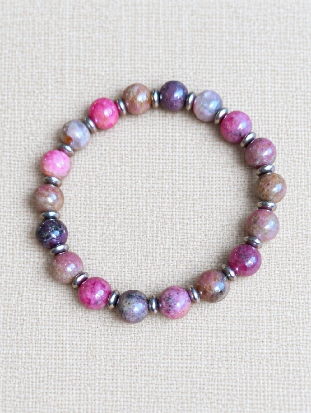 African Rhodonite Beaded Stretch Bracelet | Handmade